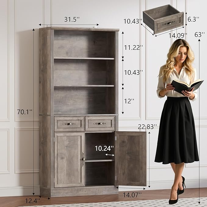 70.1" Tall Bookshelf with Drawers & Cabinet, 5-Tier Floor Standing Bookcase with Storage Doors, Adjustable Shelves & Metal Handles, 31.5" Wide Organizer for Home Office, Living Room