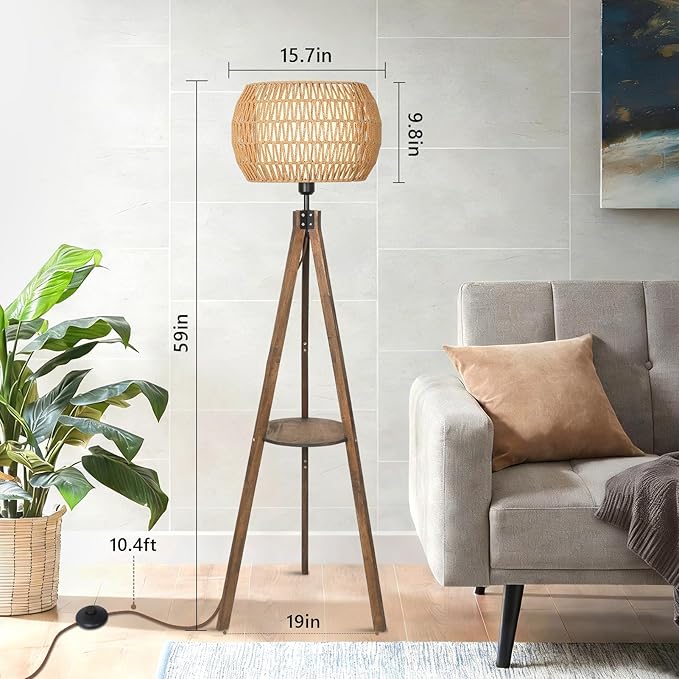 Boho Tripod Floor Lamps for Living Room, Wood Floor Lamp with Shelf, Mid Century Modern Standing Lamp with Rattan Shades, Foot Switch, Rustic Farmhouse Tall Lamps for Bedroom Office, Brown