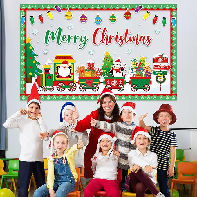 Santa Train Bulletin Board Set Christmas Bulletin Board Decorations Set Merry Christmas Decoration Kit Xmas Santa Train Cutouts for Classroom Wall Fireplace Holiday Party Garden Indoor Outdoor Decor