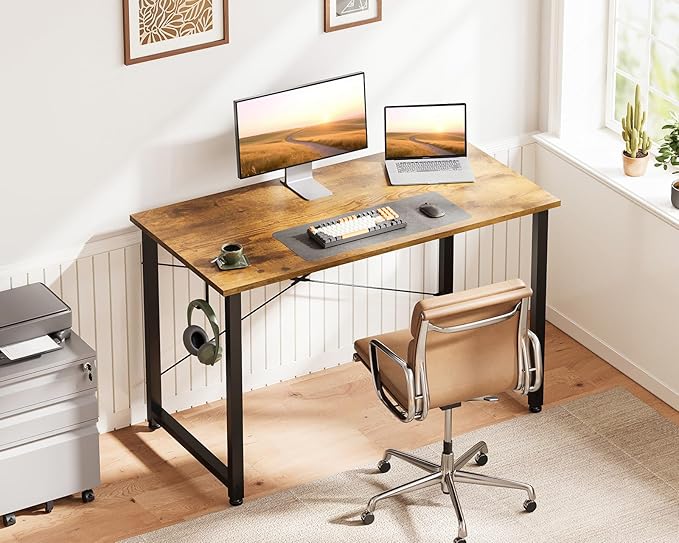 Casaottima 40 Inch Small Computer Desk for Home Office, Study Writing Table for Small Spaces, Simple Modern Desk with Headphone Hooks, Rustic Brown
