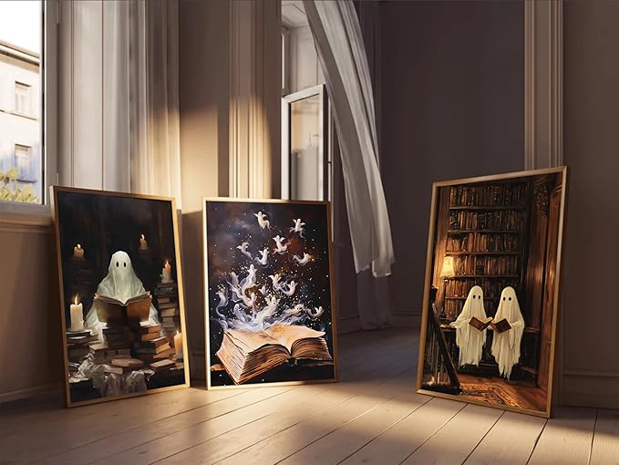 3Pcs Halloween Cute Vintage Ghost Wall Art Library Ghost Reading Books Painting Picturts Wall Decor Gothic Dark Academia Posters Print Artwork for Bedroom Living Room Home Decoration Unframed