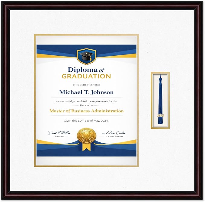 Diploma Frame with Tassel Holder 21.25 x 21 Executive Brown Shadowbox Oyster Shell Over Gold Mat - Fits 11 x 14 Degree Made in the USA