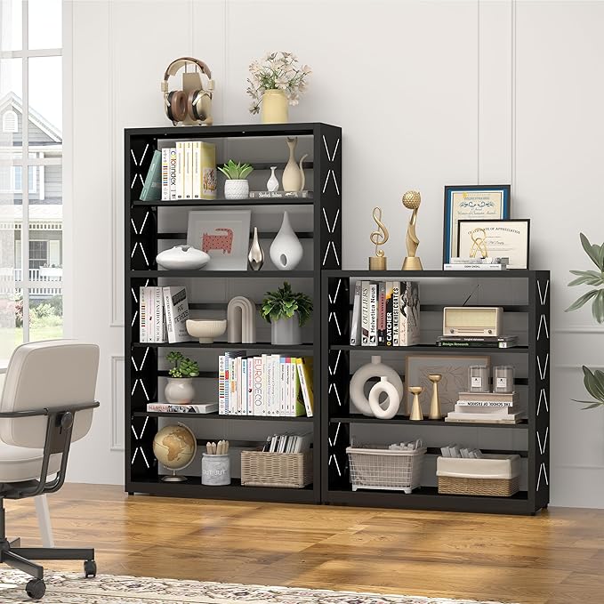 5 Tier Bookshelf, 55"Tall Metal Bookcase with Adjustable Shelves, Modern Display Book Shelf, Black Bookcase Shelf, Utility Shelf, Storage Shelves for Office, Living Room, Kitchen, Study-31"W
