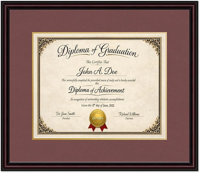 Diploma Frame Executive Brown with Dark Red Over Gold Double Mat - Fits 15 x 12 Military/Government Wall Display Made in the USA