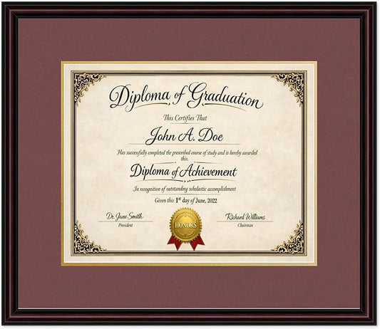Diploma Frame Executive Brown with Dark Red Over Gold Double Mat - Fits 15 x 12 Military/Government Wall Display Made in the USA