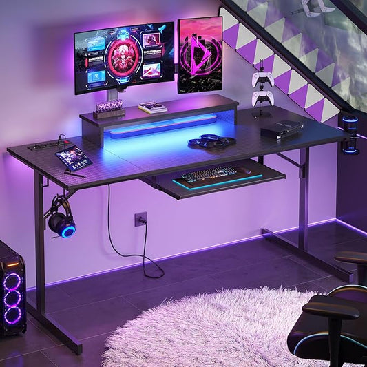 Bestier 63 Inch Gaming Desk with Power Outlets & LED Lights, Large Computer Desk with Monitor Stand & Keyboard Tray Home Office Table with Cup Holder & Headset Hook, Carbon Fiber Black
