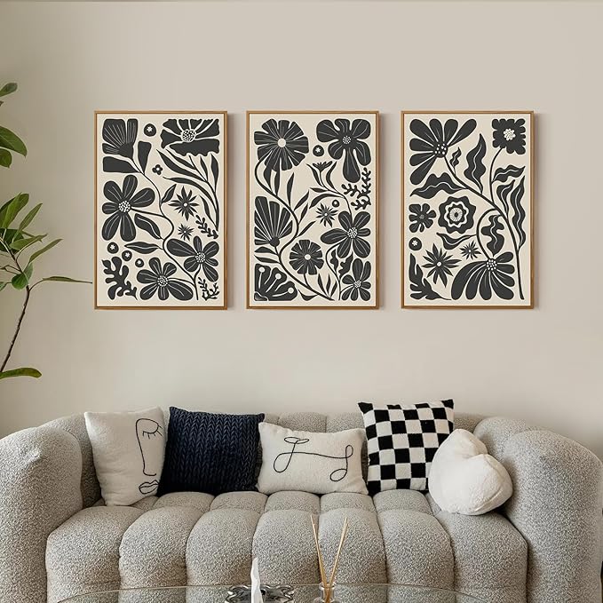 Ausril Black Floral Botanical Framed Canvas Wall Art Set, Abstract Floral Market Wall Decor, Modern Vintage Wall Painting, Boho Minimalist Art Print for Living Room Girl Room Office 16"x24"x3