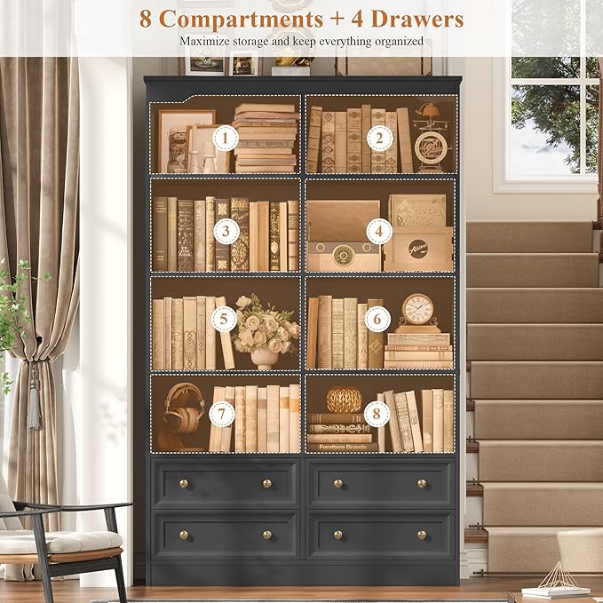 FINETONES 71" Black Bookshelf with 4 Drawers, 6-Tier Double Wide Bookshelves and Bookcases with Storage, Tall Bookshelf Large Open Bookshelves Standing Book Cabinet for Home Office, Black