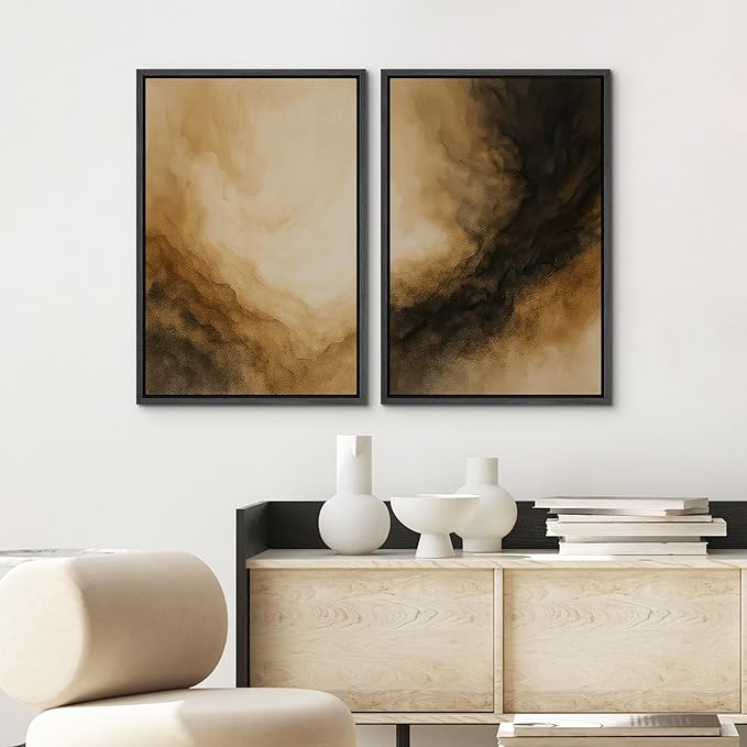 SIGNWIN Framed Canvas Print Wall Art Set Golden Brown Abstract Cloudscape Dramatic Modern Landscape Illustrations Modern Art Decorative Multicolor for Living Room, Bedroom, Office - 24"x36"x2 Black