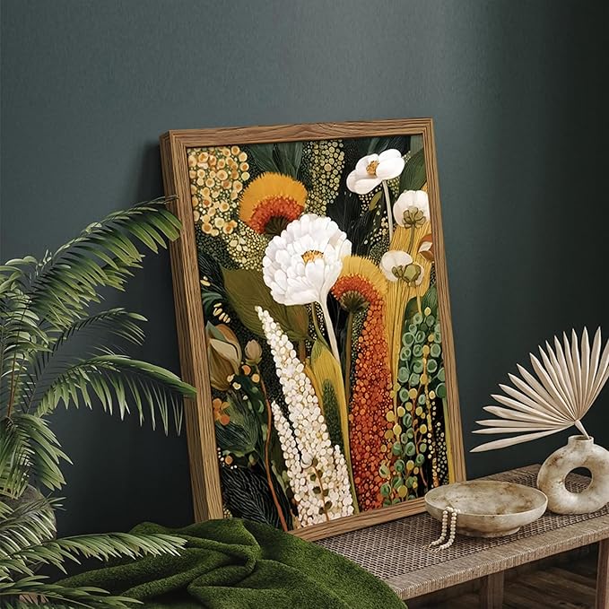 Framed Vintage Botanical Floral Wall Art, Colorful Abstract Flowers Wall Decor Painting, Retro Wildflower Artwork Poster Print Picture for Living Room Bedroom 12x16 Inch