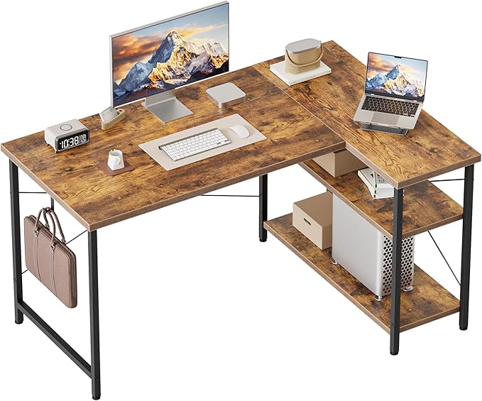 Mericonia Small L Shaped Computer Desk, Reversible Gaming Desk with Storage Shelves, Corner Gamer Desk Table, Study Writing Table