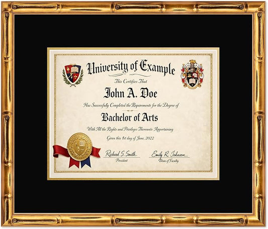 CountryArtHouse Diploma Frame Fits 13 x 10 College Diploma (Traditional) - Keepsake Graduation Display Gold Bamboo Genuine Hardwood with Black Over Metallic Gold Double mat