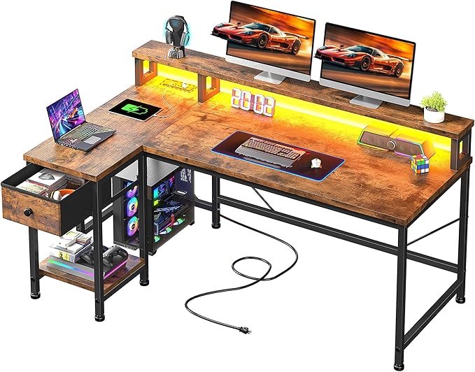 48" Gaming Desk with LED Lights, Computer Desk with Power Outlet & Drawer, L Shaped Desk with Monitor Stand for Gaming, Home Office Desk for Study Room, Bedroom, Living Room, Rustic Brown