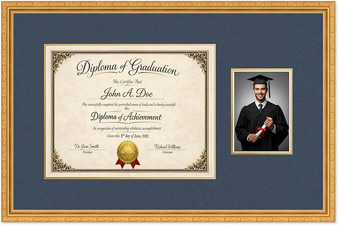 Diploma Frame With Photo Opening Museum Gold Navy Blue Over Gold Mat - Fits 14 x 11 Degree and Picture Made in the USA