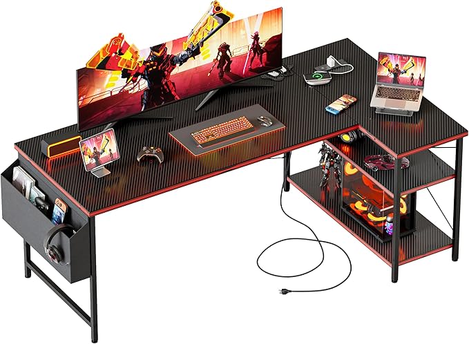 Mericonia Small L Shaped Computer Desk with Power Outlets, Reversible Gaming Desk with Storage Shelves, Corner Gamer Desk Table, Study Writing Table
