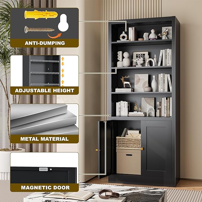 55" Metal Bookshelf with Doors, Freestanding Storage Rack with Cabinet Doors,Heavy Duty Steel Shelving for Pantry, Kitchen, Closet, Garage,Home Office (Black)