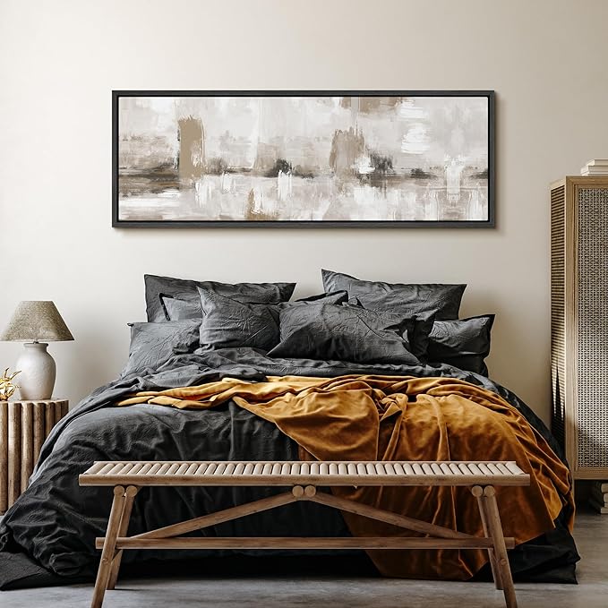 SIGNFORD Large Framed Canvas Neutral Abstract Landscape in Earthy Tones Illustrations Modern Art Calm Warm for Living Room, Bedroom, Office - 60"x20"