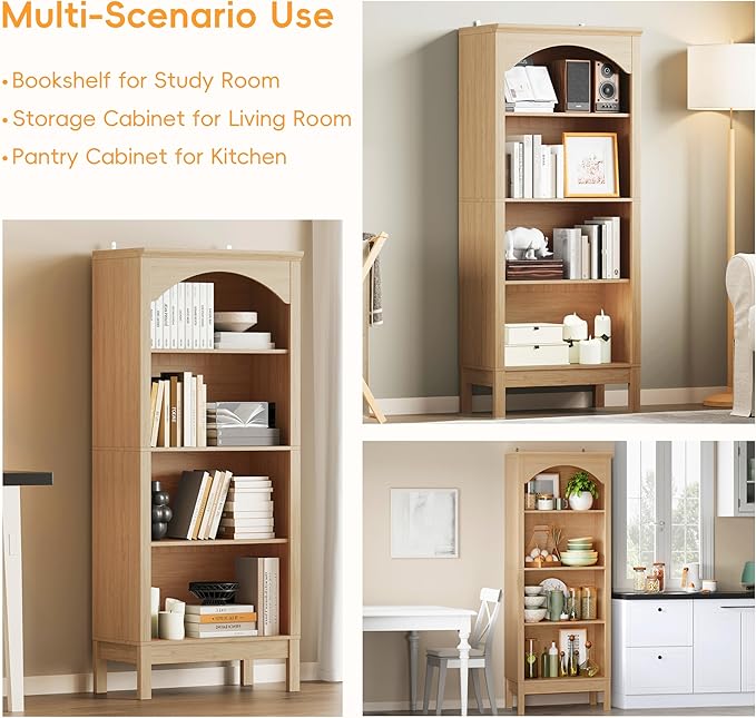 Arched Bookshelf with 4 Tier Open Shelves, 56" Tall Wood Bookcase with Adjustable Shelves, 24" Wide Floor Standing Display Storage Shelf for Home Office, Kitchen, Study and Living Room, Natural Oak