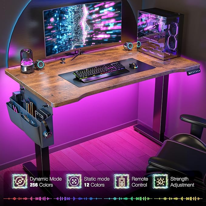 EnHomee Gaming Desk with LED Lights,Computer Desk Adjustable Electric Standing Height Office Desk with 3 Memory Preset,Storage Side Pocket and Cable Management,Rustic Brown，48 x 24 Inch