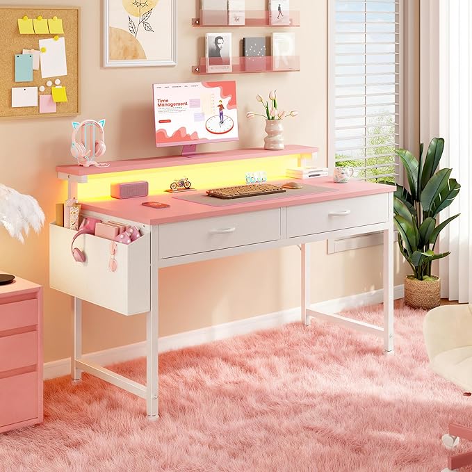 39.4Inch Office Computer Desk with LED Lights & 2 Fabric Drawers, Gaming Desk with Side Pocket & Ergonomic Monitor Stand, Small Space Study Writing Table with Anti-Tip Design,Pink