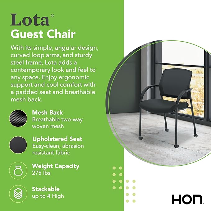 HON Lota Office Chair, Black Guest Seat with Arms and Casters, Mesh Back, Fabric | for Lobby, Guests, and Offices