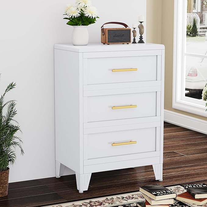 35.43" Tall Dresser for Bedroom 3 Drawers, Metal Dresser Chest of Drawers, Circular Drawer Cabinet for Home,Filing Cabinet with Drawers for Office (White)