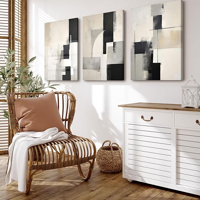 3Pcs Framed Neutral Abstract Canvas Wall Art Pictures Modern Minimalist Posters Prints Beige Black Brown Simple Wall Decoration for Living Room Bedroom Bathroom Office 12x16in