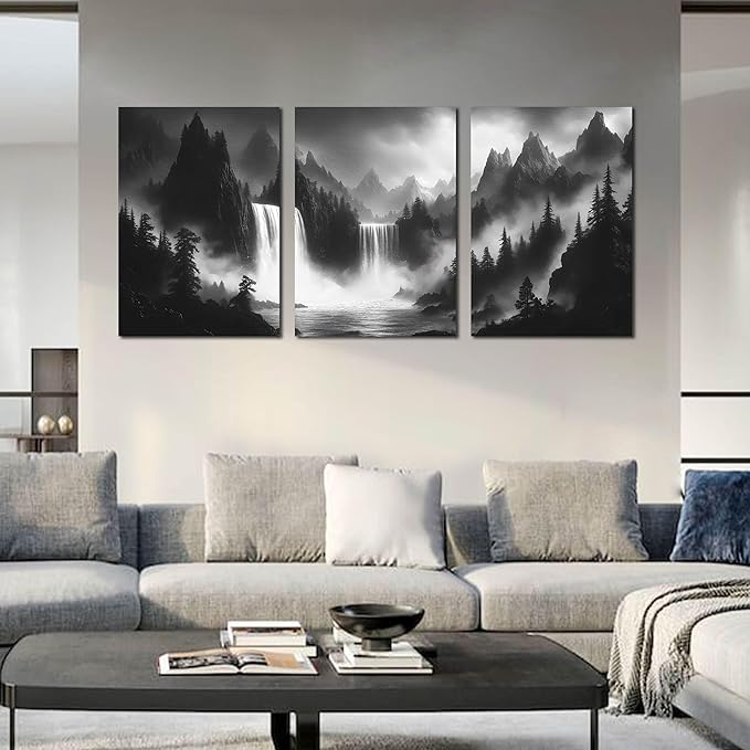 Waterfall Canvas Wall Art for Living Room - Mountains Pictures Wall Art for Office - Modern 3 Piece Large Wall Art for Bedroom Size 24" x 36"