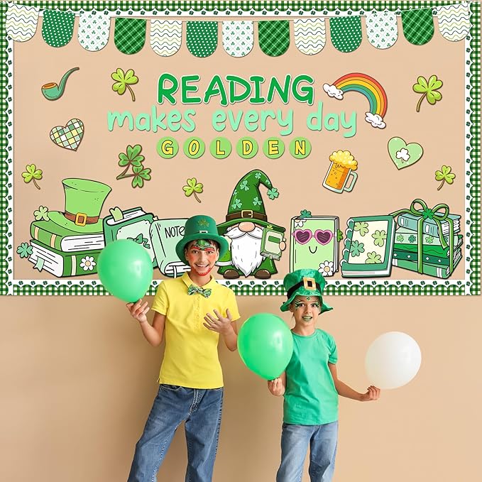 St. Patrick's Day Reading Bulletin Board Set Motivational Reading Classroom Decoration St. Patrick Bulletin Board Lucky Shamrock Gnomes Cutouts for Irish Holiday Home Classroom Chalkboard Wall Decor