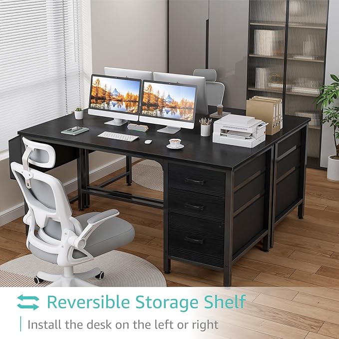 Lufeiya Computer Desk with Fabric File Drawers Cabinet, 55 Inch Reversible Home Office Desks with Filing Cabinet, Study Writing Table PC Desks with Storage for Bedroom, Black