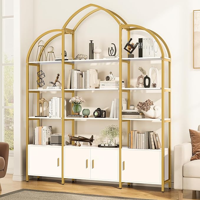86" Gold Bookshelf, Triple Wide 5 Tier Arched Bookshelves & Bookcases with Storage, Large Modern Metal Book Shelf Stand for Bedroom/Living Room/Office Display Shelves, White & Gold