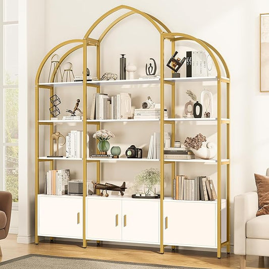 86" Gold Bookshelf, Triple Wide 5 Tier Arched Bookshelves & Bookcases with Storage, Large Modern Metal Book Shelf Stand for Bedroom/Living Room/Office Display Shelves, White & Gold