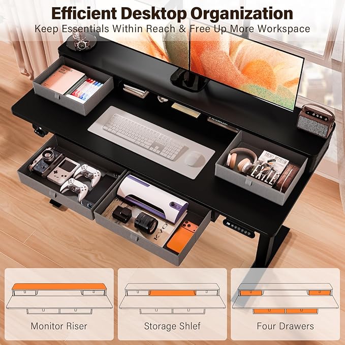 Kingant 55 x 24 Inch Electric Standing Desk with 4 Drawers, Height Adjustable Sit to Stand Computer Desk with Storage Shelf and C-Clamp Mount Compatibility for Home Office, Black