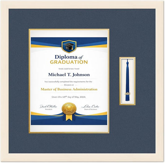 Diploma Frame with Tassel Holder Coastal Whitewash Shadowbox Navy Blue Over Gold Mat - Fits 10 x 13 Degree Made in the USA