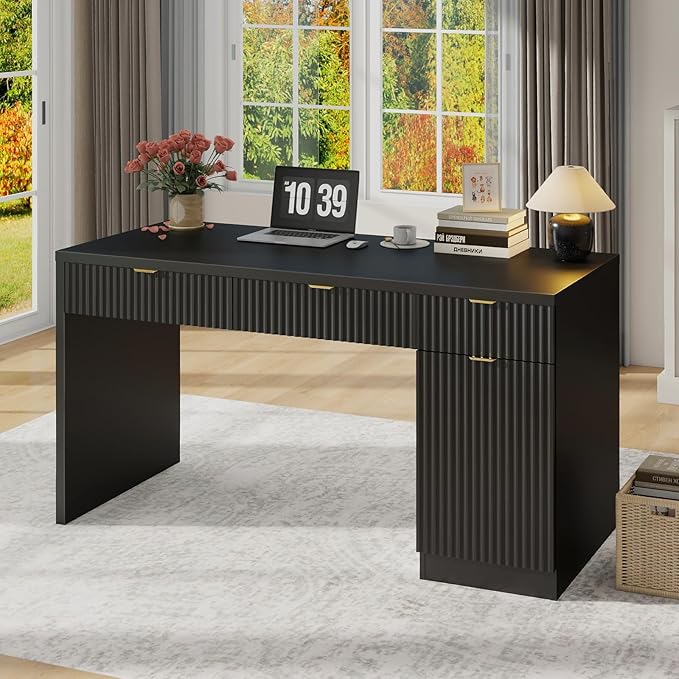 60" Executive Desk with Fluted Drawers, Wood Home Office Desk with Storage Cabinet, Fluted Reversible Computer Writing Desk for Study, Living Room,Black