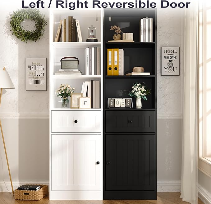 Farmhouse 71" Tall Bookshelf with Drawer, Narrow Bookcase with Adjustable Left/Right Door, Adjustable Shelf, Freestanding Display Book Shelf for Bedroom,Living Room, Office, White