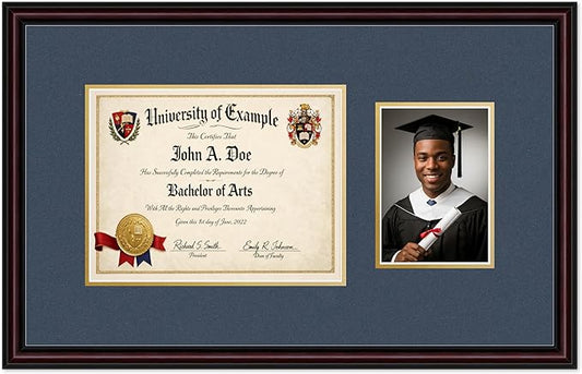 CountryArtHouse Fits 11 x 8.5 US Letter Certificate and 5 x 7 Photo Diploma and Photo Frame Executive Brown Genuine Hardwood with Navy Blue Over Metallic Gold Double mat
