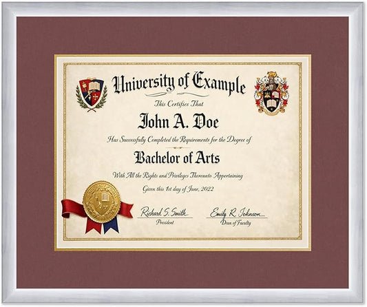 CountryArtHouse Diploma Frame Fits 17 x 13 International Diploma - Keepsake Graduation Display Stainless Silver Genuine Hardwood with Dark Red Over Metallic Gold Double mat