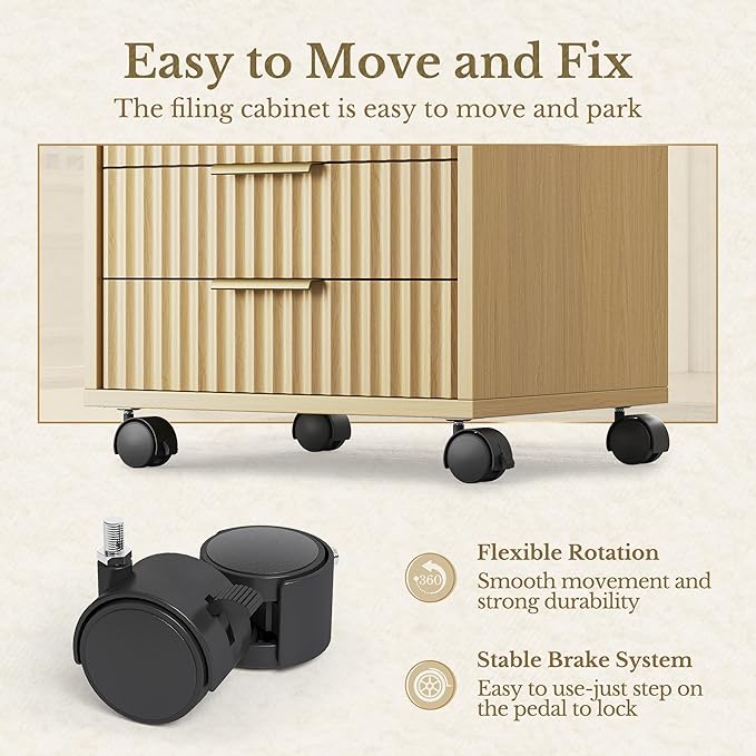 Home Office Furniture Set, Fluted Wooden File Cabinet with Locable Wheels, Filing Cabinet with 5 Drawers for Home Office, Light Walnut