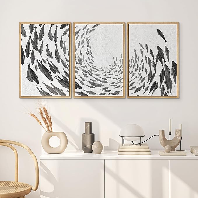 SIGNWIN Framed Canvas Print Wall Art Swirling School of Fish Abstract Shapes Illustrations Modern Art Minimalist Relax/Calm Black and White for Living Room, Bedroom, Office - 16"x24"x3 Natural