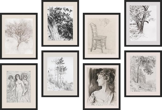 SIGNWIN Framed Poster Bathroom Decor, Wall Art Room Decor Multicolor for Living Room, Bedroom, Office Black White Forest Landscape Female Portrait Vintage Illustrations Bohemian - 12"x16"x 8 Black