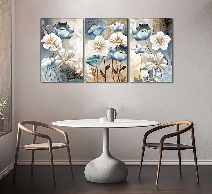 3 Pcs Modern Luxury Lotus Flower Canvas Wall Art White and Blue Floral Painting Pictures Wall Decor Posters Print Artwork for Living Room Bedroom Bathroom Office Home Decoration