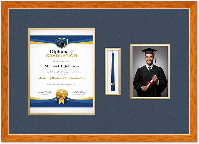 Diploma Tassel and Photo Frame Honey Oak Shadowbox Navy Blue Over Gold Mat - Fits 8.5 x 11 Degree Picture Made in the USA