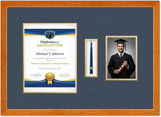Diploma Tassel and Photo Frame Honey Oak Shadowbox Navy Blue Over Gold Mat - Fits 8.5 x 11 Degree Picture Made in the USA