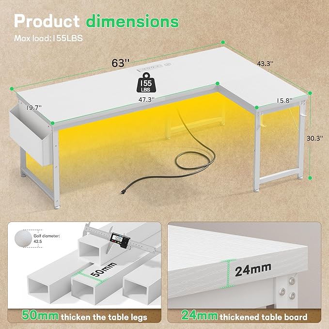63 Inch L Shaped Desk with 0.95 Inch Thicker Desktop & Storage Bag, Computer Desk with Power Outlets & Lights, Reversible Desk for Home Office, Corner Desk, Study Room, Bedroom, White