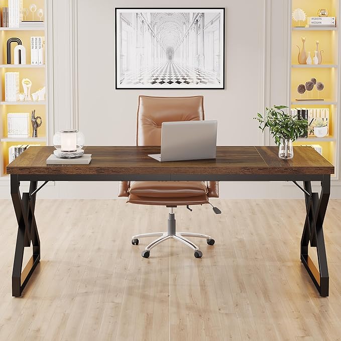Tribesigns 63" Large Industrial Executive Desk with Extra Thickened Tabletop & Metal Frame, Heavy-Duty 300 lb Capacity Home Office Desk for Study Room, Dorm, Bedroom – Vintage Brown & Black