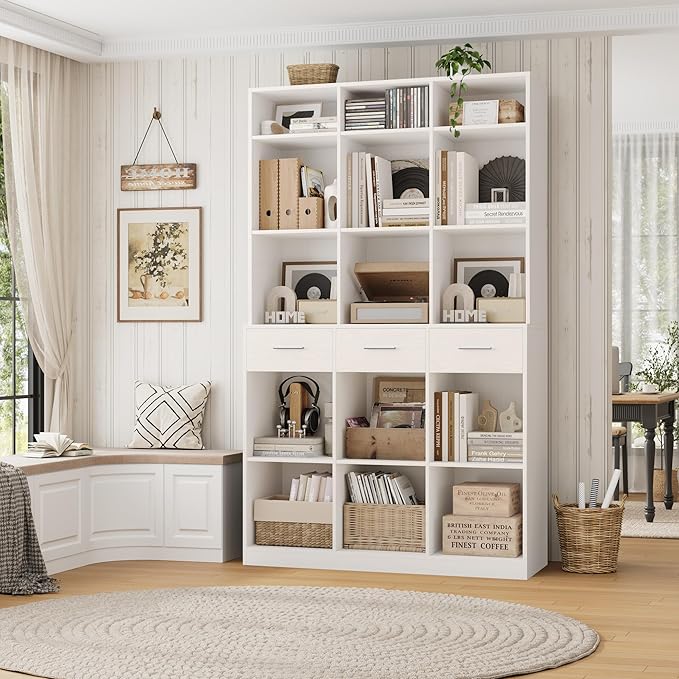 HOSTACK 75" Tall Book Shelf and Bookcase, 47" Wide Bookshelf with Drawers, Modern 9 Tier Bookcase with Storage, Large Wood Display Cabinet with Adjustable Shelves for Living Room, Home Office, White