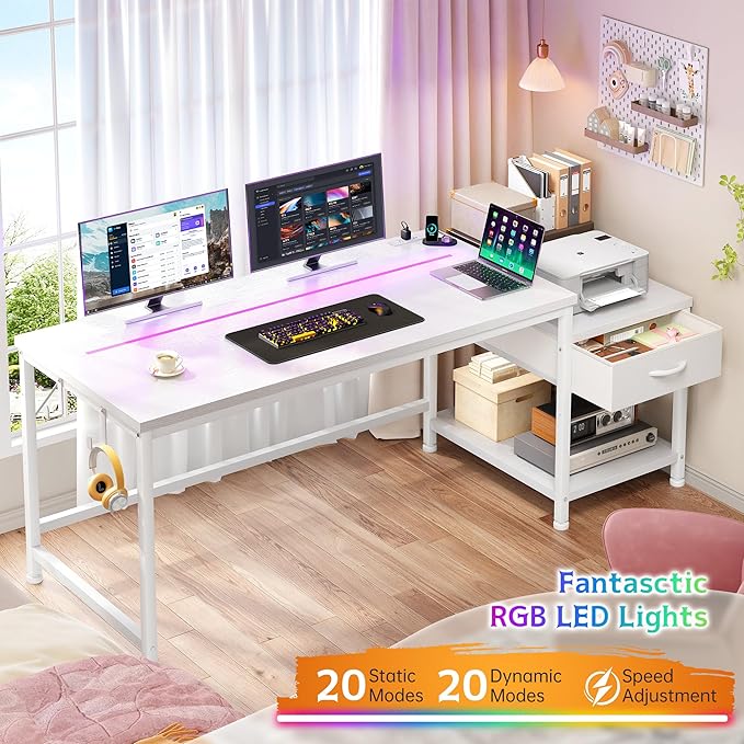 56 Inch White Desk with Drawers & Shelf to Storage,Computer Desk with Power Outlet & LED Lights,Reversible Office Desk with Hooks for Headphone,Bags,Desk for Bedroom,Dorm,Teens Study Room