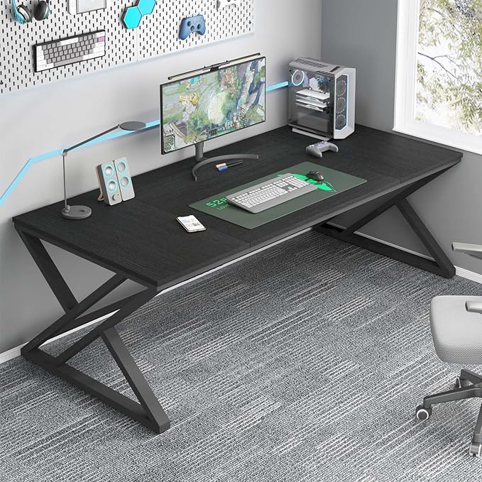 HSH 70.8" Black Computer Desk, Large Modern Workstation Home Office Desk, Long Industrial Study Gaming Work Writing Desk for 2 Person, Farmhouse Double Wood Executive Pc Table with Storage in Bedroom