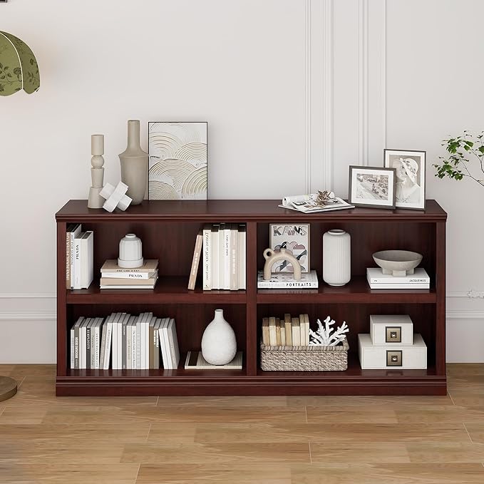 blini Low Horizontal Bookshelf Double Wide 64" 2-Tier Bookcase 4 Cube Storage Organizer Cherry Wood Bookcases for Bedroom and Home Office Decor Display